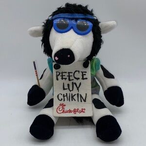 Chick-fil-A Cow Hippie Plush with Peece Luv Chikin Sign Beanie Stuffed Animal 8”